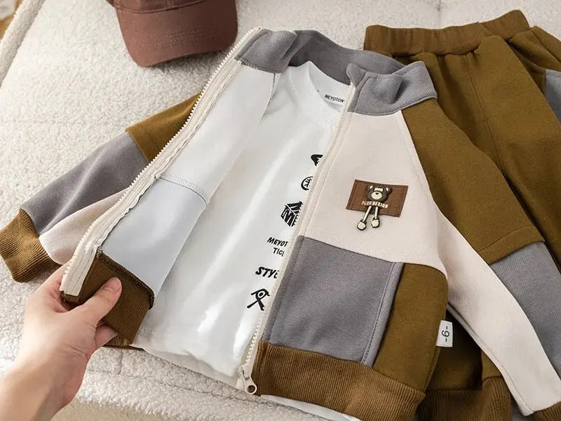 Boys Color Block Jacket With T-shirt And Jogger 3 Pcs Set