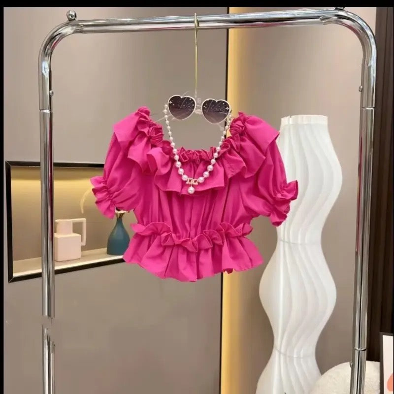 Girls Pink Ruffled Top And Denim Skirt With 2 Belts