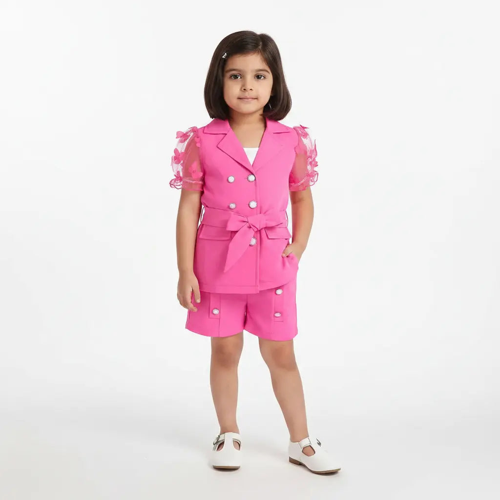 Girls Pink 3-Piece Set with Bow Blazer, White Crop Top & Shorts