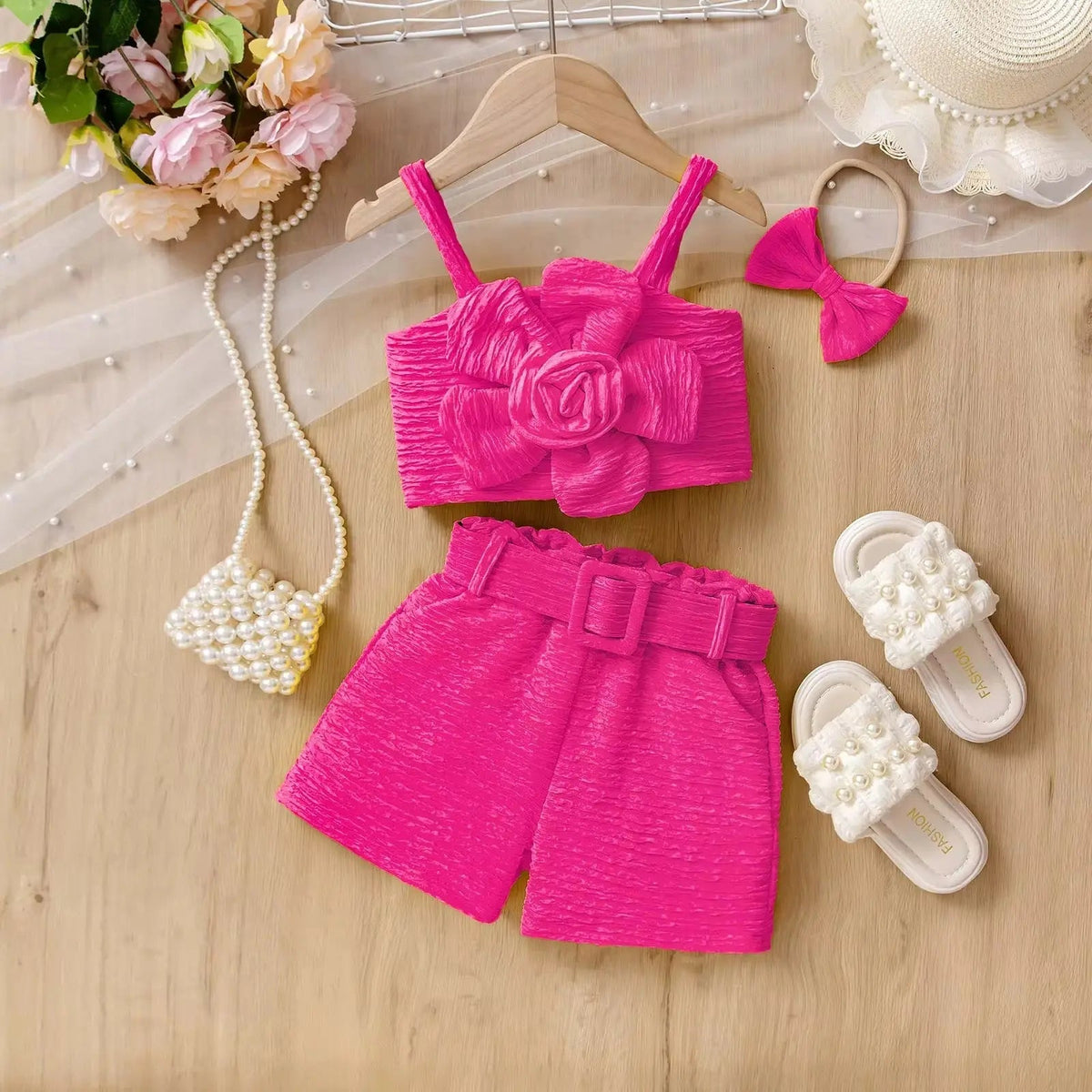Girls Pink Flower Detail With Matching Band 3 Pcs Set