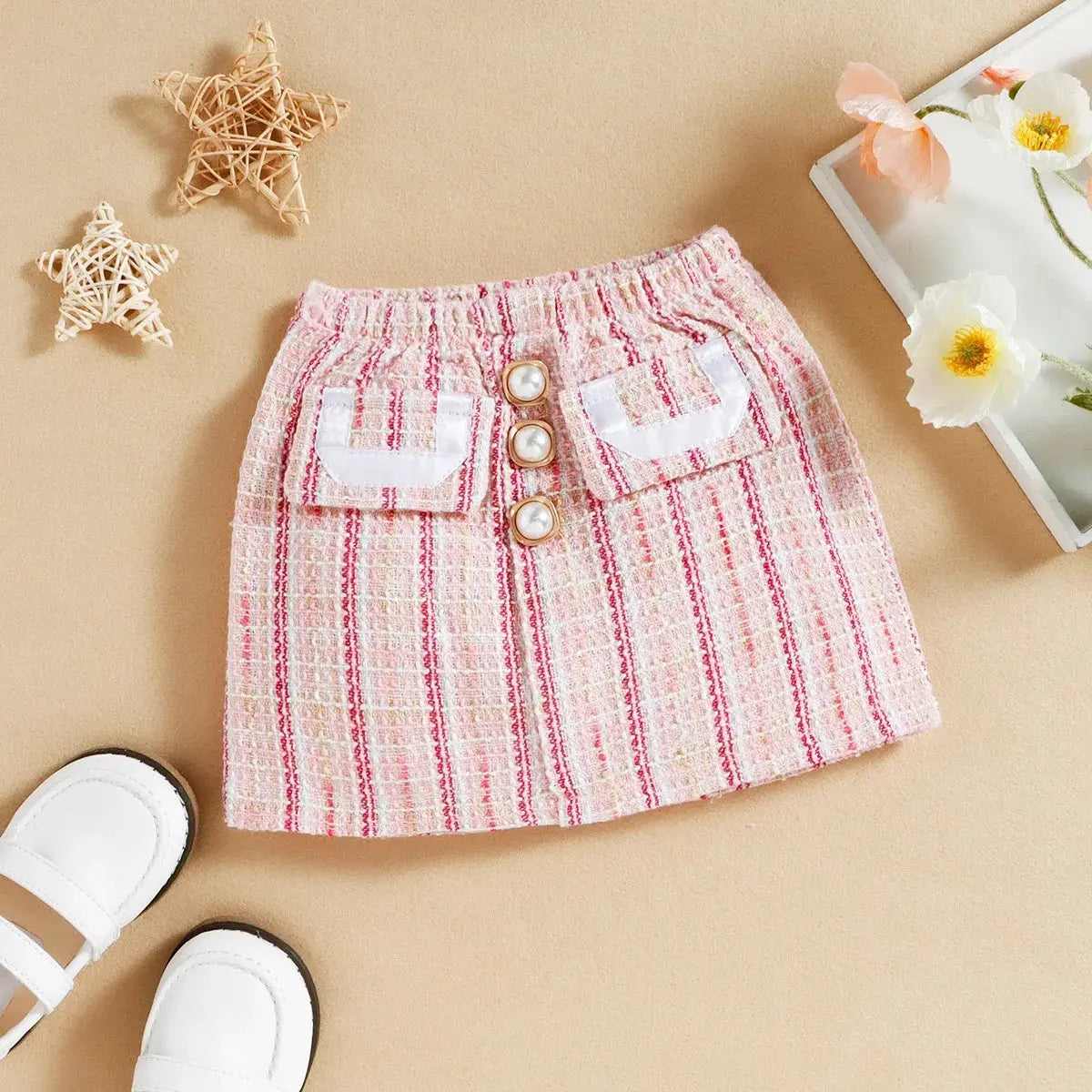 Girls White T-shirt & Pink Skirt Set