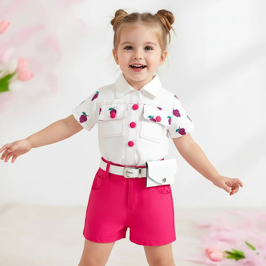 Girls White Shirt With Pink Shorts and Waist Bag 3 Pcs Set