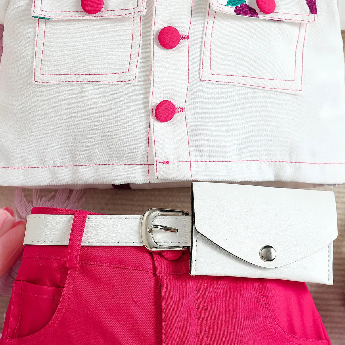 Girls White Shirt With Pink Shorts and Waist Bag 3 Pcs Set